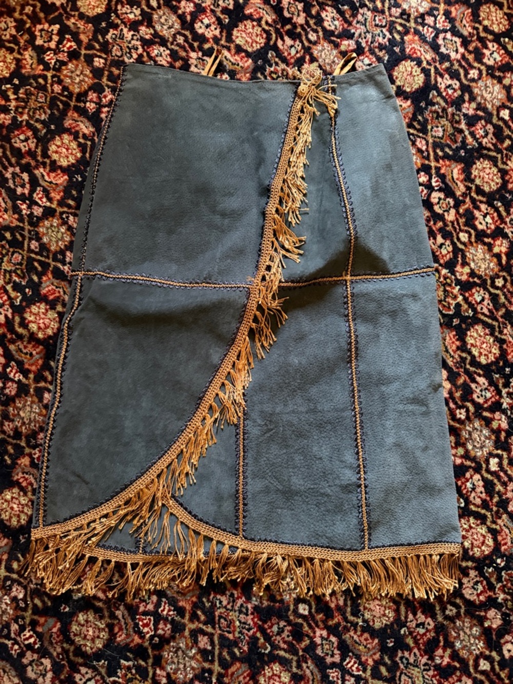 Fringed Suede Boho Patchwork Midi Skirt in Blue and Camel
